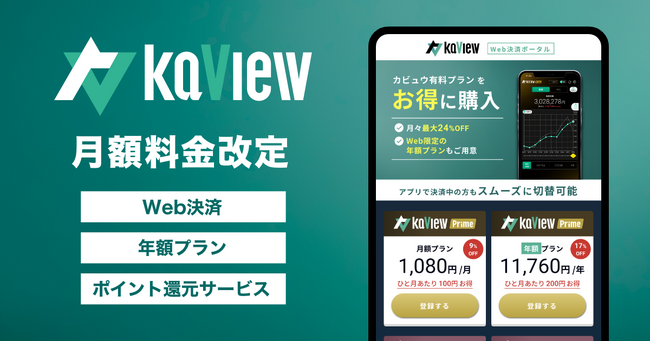 株式投資 管理・分析アプリ『カビュウ』 - 月額利用料金を改定、あわせて「Web決済」「年額プラン」「ポイント還元サービス」を導入