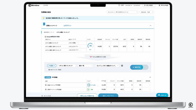 Shirofuneの広告作成機能に新規改善カード｜他媒体への追加で成果改善が見込めるGoogle広告の好調な検索クエリ・キーワード抽出と媒体横断の設定反映が数クリックで可能