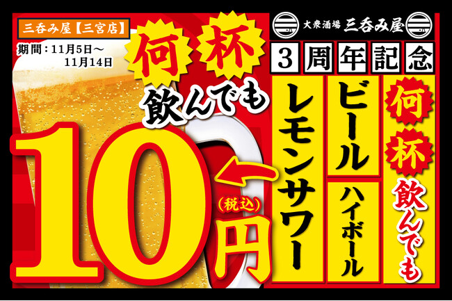 【大好評企画！生ビール・ハイボール・レモンサワーが何杯飲んでも1杯10円】オープン3周年を記念して「大衆酒場 三呑み屋 三宮店」にて11月5日(火)～14日(木)の期間限定で実施