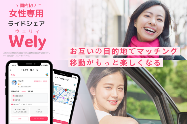 女性専用ライドシェアサービス『Wely』の実証実験を実施いたします。