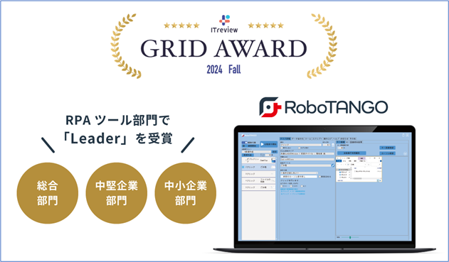 スターティアレイズのRPA『RoboTANGO』、「ITreview Grid Award 2024 Fall」にてLeaderを3部門で受賞