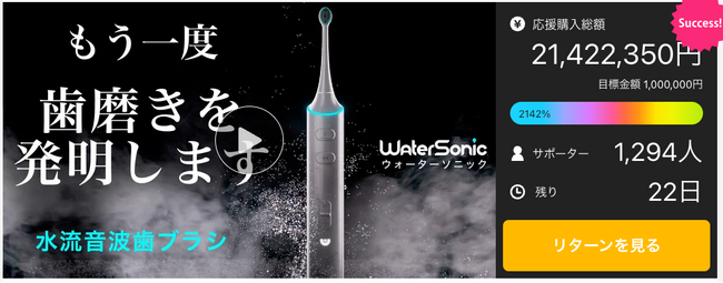 Water SonicがMakuakeで2,000万円の支援総額を突破！当初の支援目標金額の2,141%達成、従来の歯ブラシの2倍の歯垢除去力で注目を集める