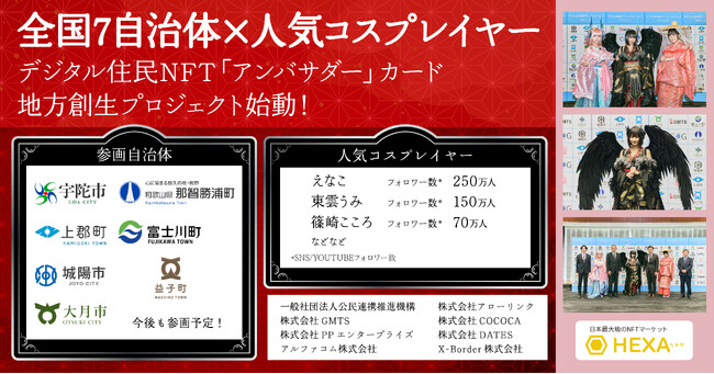 全国7自治体が人気コスプレイヤーのえなこ・東雲うみ等とコラボしたデジタル住民NFT「アンバサダー」カードをNFTマーケットのHEXA（ヘキサ）で販売！