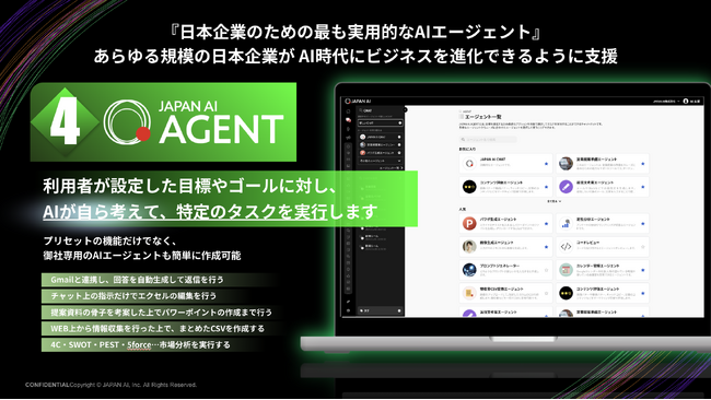 『日本企業のための最も実用的なAIエージェントへ』JAPAN AI株式会社、自律型AIエージェント「JAPAN AI AGENT」を提供開始