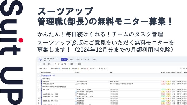 経営支援クラウド「Suit UP」（スーツアップ）、管理職（部長）の無料モニター募集
