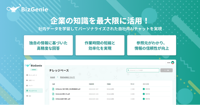 BizGenie、法人向け生成AIプラットフォームに新機能追加 - 社内データを学習（RAG）し、よりパーソナライズされた自社専用AIチャットを実現。期間限定キャンペーン実施中！