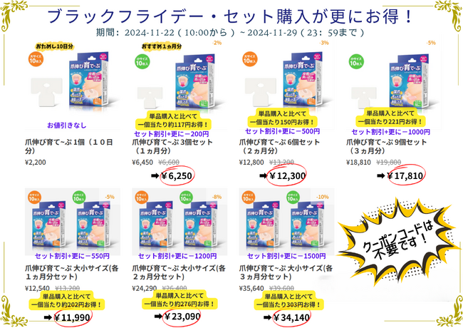 短くなった爪に「爪伸び育て～ぷ」　　　　　　　　　　　　　　　ブラックフライデーはセット購入がお得です!!　　　　　　　　　　初めての方もリピーターの方もこの機会にぜひ！