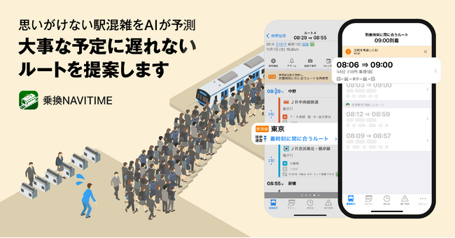 『乗換NAVITIME』AIによる駅混雑予測で思いがけない乗換の遅れを先読み、推奨出発時刻や代替ルートを提案する新機能を提供開始