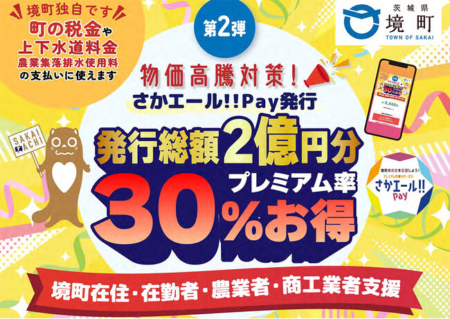 【茨城県境町】発行総額２億円！ 町民・町内在勤者向け、30%プレミアム付電子クーポン「さかエール!!Pay」【販売予定数に達したため受付終了】