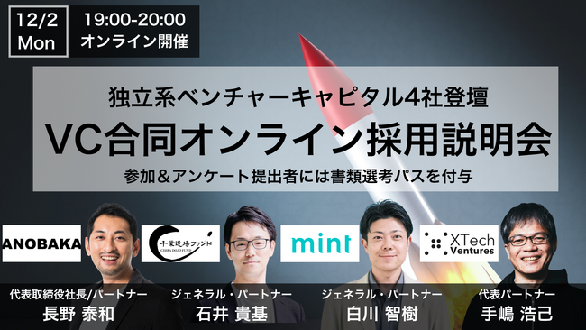独立系ベンチャーキャピタル4社による合同オンライン採用説明会を開催【ANOBAKA、千葉道場ファンド、mint、XTech Ventures】