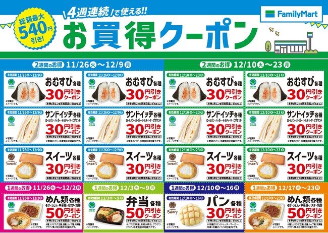 年末はファミリーマートがおトク!!　　４週連続で使える!!お買得クーポンを店頭にて配布