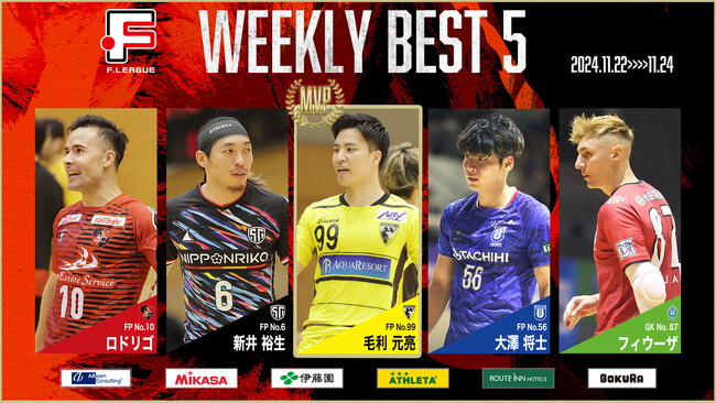 毛利元亮（ペスカドーラ町田）が週間MVPに！第16節｜11月22日～24日 週間ベスト5【Ｆリーグ2024-2025 ディビジョン1】今こそ最高のフットサルを
