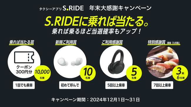 タクシーアプリ「S.RIDE(R)」、年末大感謝キャンペーンを実施S.RIDEに乗れば当たる！乗れば乗るほど 当たる確率もアップ！