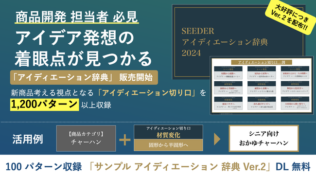 SEEDER【大好評第2弾】生成AIによって過去10年のヒット商品の分析から、「アイディエーションの切り口」を1,200パターン抽出した「アイディエーション辞典」サンプルVer２ 無料配布開始！