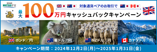 【松井証券 FX】キャッシュバックキャンペーンを12月2日より開催！対象通貨ペアの新規取引で最大100万円キャッシュバック