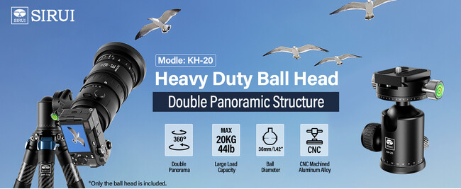 SIRUI カメラ用三脚ボールヘッド KH-20|360°ダブルパノラマ機能 36mmメタルボール 1/4インチクイックリリースプレート付き|最大荷重20KG|DSLRカメラ カムコーダー三脚一脚対応