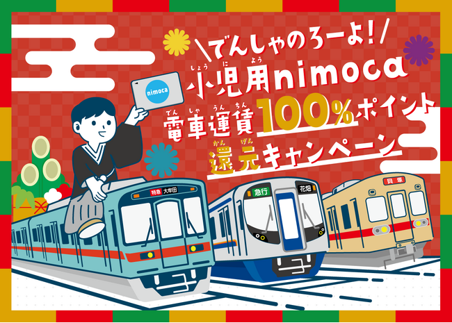 でんしゃのろーよ！小児用nimoca限定 電車運賃100％ポイント還元キャンペーンを実施します。