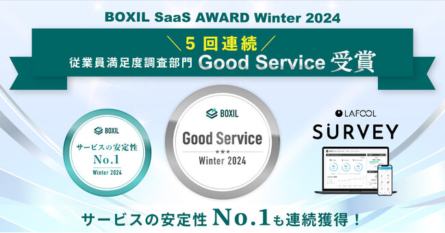 ラフールサーベイ、「BOXIL SaaS AWARD Winter 2024」従業員満足度調査部門で「Good Service」、「サービスの安定性No.1」に選出