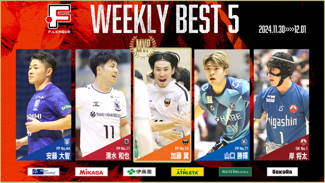 加藤翼（シュライカー大阪）が週間MVPに！第17節｜11月30日～12月1日 週間ベスト5【Ｆリーグ2024-2025 ディビジョン1】今こそ最高のフットサルを