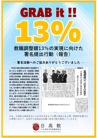 教職調整額13％実現に向けた署名提出行動(日本高等学校教職員組合)