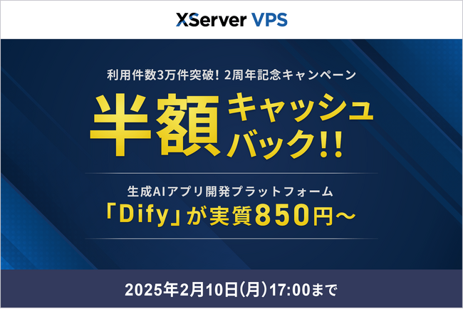 仮想専用サーバー『XServer VPS』、利用料金を半額キャッシュバックするキャンペーンを延長！「Dify」アプリイメージが実質月額850円から利用可能