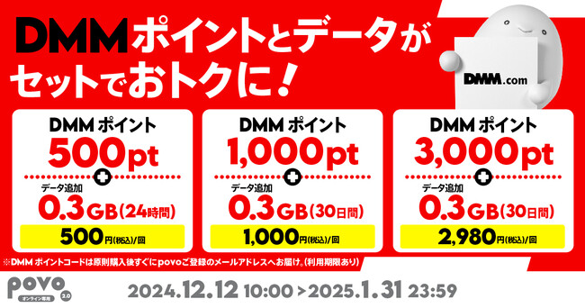 povo、「DMMポイント」がセットのデータトッピングを1月31日まで提供