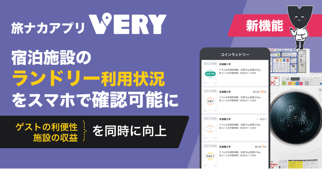 旅ナカアプリ「VERY」に新機能！宿泊施設のランドリー利用状況をスマホで確認可能に、ゲストの利便性と施設の収益を同時に向上