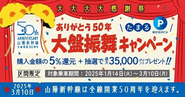 山陽新幹線全線開業50周年記念企画「ありがとう50年、ポイント大盤振舞キャンペーン」の開催について