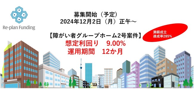 不動産投資型クラウドファンディング「Re-plan Funding」インカム型 第２号ファンド達成率285％で申込受付を終了