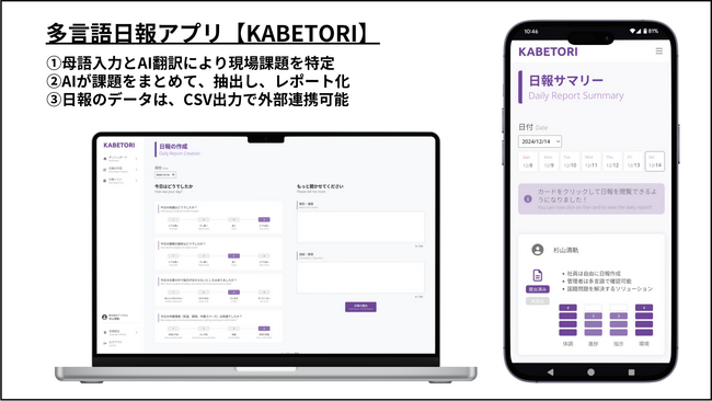 外国人雇用の【定着】【生産性向上】に特化した、多言語日報アプリ『KABETORI』のトライアル企業様を募集！