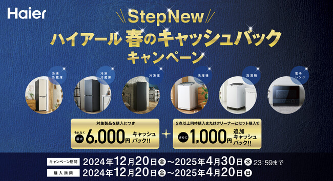 最大6,000円をもれなくキャッシュバック！「StepNew ハイアール 春のキャッシュバックキャンペーン」を12月20日より開始！
