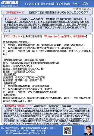 ChatGPT「o1」で監査DX：　生成AIに監査報告書のたたき台を作成させみたGPT監査レポート第22号（GPT研究所 所長・弊社理事長 戸村智憲）を公開【日本マネジメント総合研究所合同会社】