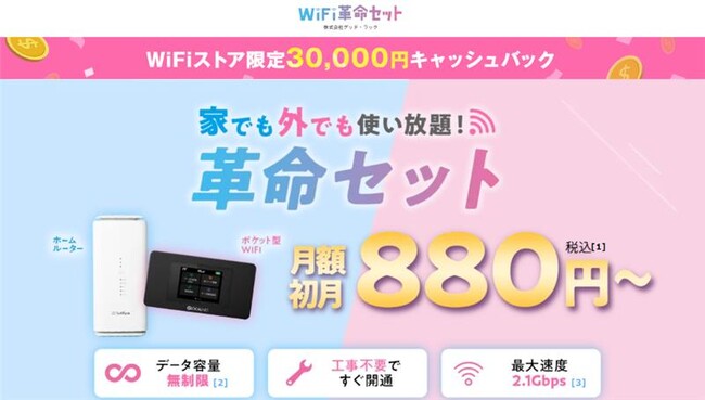 WiFiストア限定キャンペーンのお知らせ！ WiFiストアX経由で「WiFi革命セット」を申し込むと、通常25,000円が30,000円キャッシュバックとなり5,000円お得に。12月17日（火）より