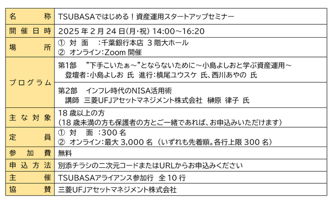 ＴＳＵＢＡＳＡアライアンス参加行との「ＴＳＵＢＡＳＡではじめる！資産運用スタートアップセミナー」の共催について