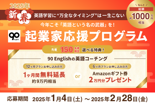 総額約1,000万円の特典を付与する『起業家応援プログラム』を期間限定で開始