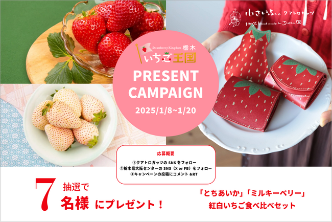 いちご王国・栃木×大阪革小物クアトロガッツのコラボキャンペーンを開催。 いちご食べ比べセット、栃木県ノベルティグッズ、栃木県マグカップをプレゼント。