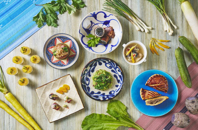 沖縄伝統野菜のスペシャル料理「シェフの一皿」1～4月 ＜琉球テロワール・島野菜便り＞ 十六穀米のシマナーの琉球リゾット、島人参のヴェリーヌ、ターンムのリーフパイetc.