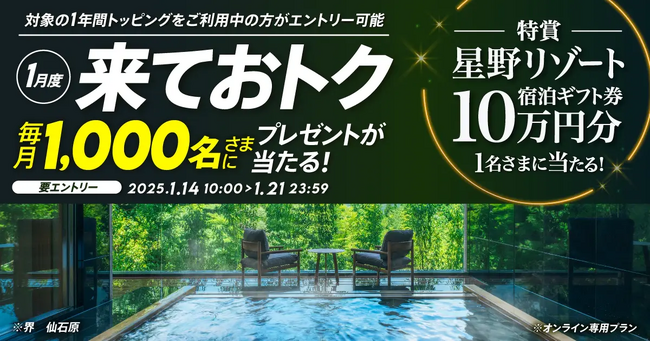 povo、1年間トッピングをご利用中のお客さまを対象に「星野リゾート宿泊券」などがあたるキャンペーンを1月21日まで開催