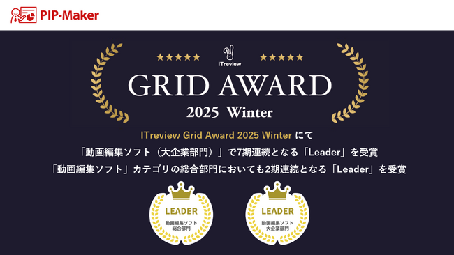 『PIP-Maker』、ITreview Grid Award 2025 Winterの「動画編集ソフト（大企業部門）」で7期連続となる『Leader』を受賞。