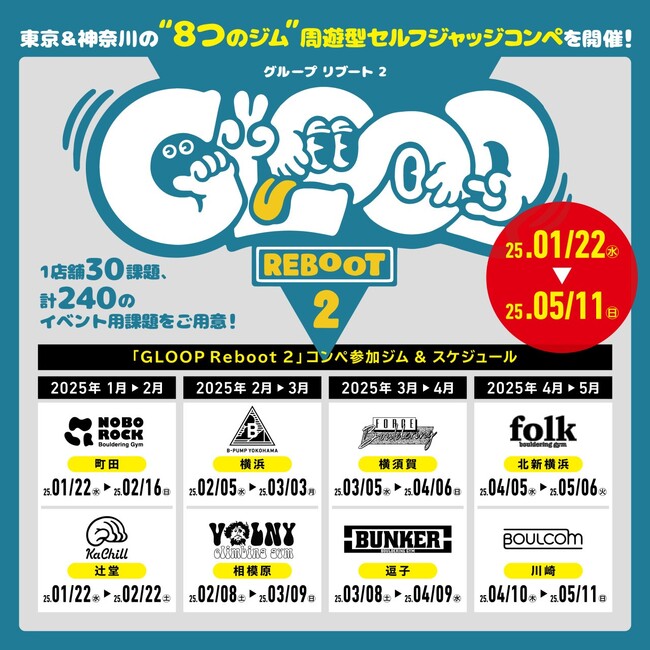 クライミングファン待望！東京＆神奈川の「8つのジム」を巡る周遊コンペ「GLOOP Reboot 2（グループリブート2）」開催