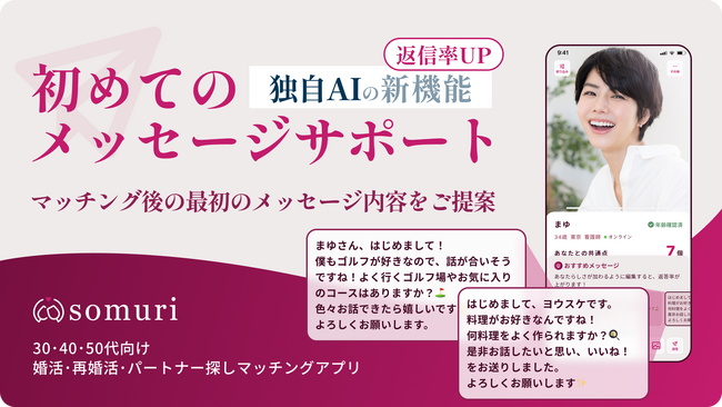 30・40・50代向けマッチングアプリ「Somuri（ソムリ）」、返信率が上がる！独自AIの新機能「初めてのメッセージサポート」の提供を開始