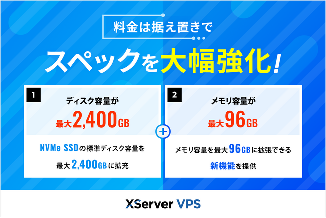 サーバー性能・コスパNo.1の『XServer VPS』、2月上旬にスペックを大幅強化！ディスク容量が最大24倍＆メモリ1.5倍でさらに圧倒的なサーバー環境へ