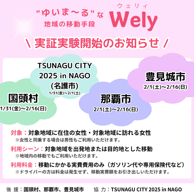 【沖縄県内4ヵ所で実施】女性専用ライドシェア『Wely』実証実験開始のお知らせ