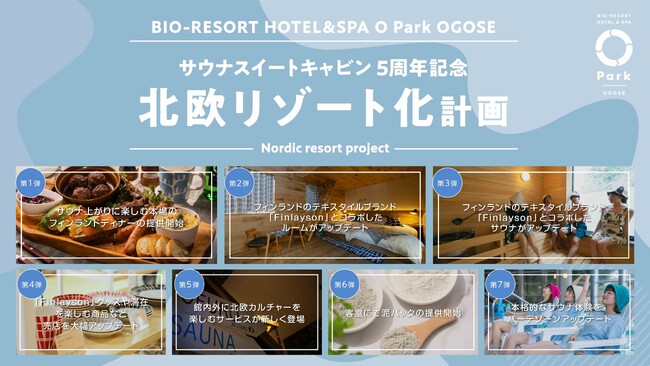 「サウナスイートキャビン」の開業5周年を記念し、オーパークおごせがサウナや食事など7つのサービスをアップデートする「北欧リゾート化計画」を発表