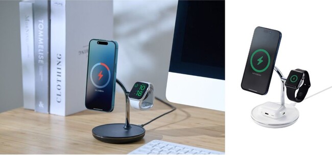 マグネットで固定して机周りスッキリ！iPhone、AirPods、Apple Watchなどを3台まとめて充電できる3in1のQi2規格ワイヤレス充電スタンドを新発売