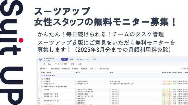 経営支援クラウド「Suit UP」（スーツアップ）、女性スタッフの無料モニター募集