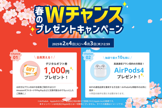 MUGEN WiFi「春のWチャンスプレゼントキャンペーン」開催！【全員プレゼントと抽選プレゼントのＷチャンス！】豪華景品はAirPods4！