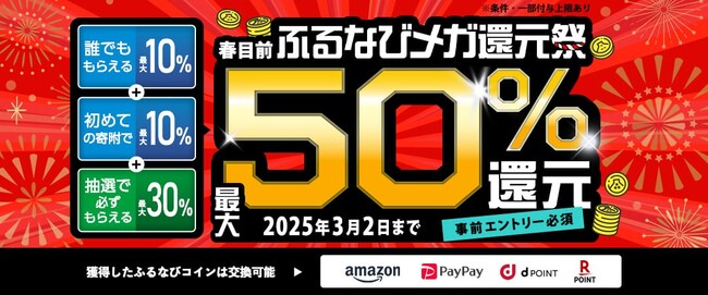 合計最大50％分の「ふるなびコイン」が還元される「2025春目前ふるなびメガ還元祭」を開始！
