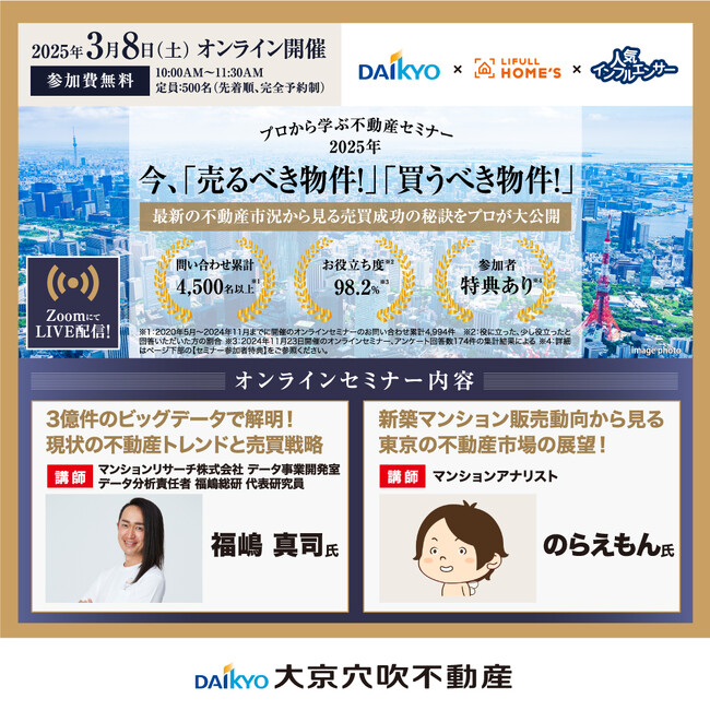 【3/8(土)10時】今、「売るべき物件！」「買うべき物件！」～最新の不動産市況から見る売買成功の秘訣をプロが大公開～（無料オンラインセミナー）