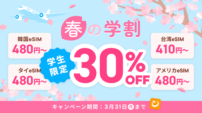 海外eSIMアプリ「トリファ」、 春の学生30%割引キャンペーン を実施！